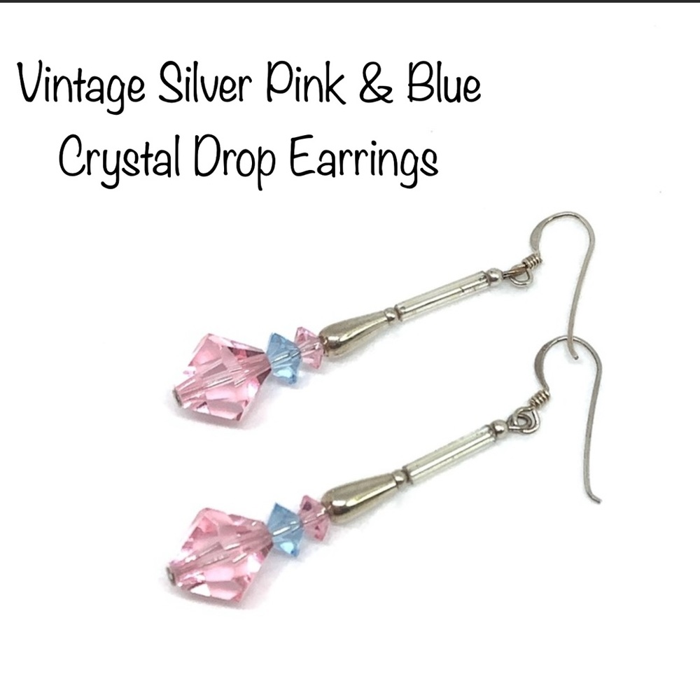 Vintage Silver Pink & Blue Crystal Drop Earrings